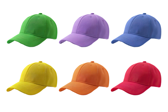 Six baseball caps in a rainbow of colors