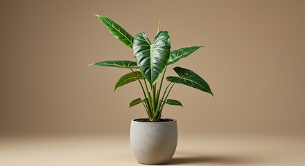 Tropical Houseplant in Black Pot with Warm Neutral Background, Concept of Elegance and Natural Freshness