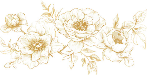 Elegant Golden Floral Border with Peonies and Leaves on a White Background