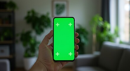 A hand holding a smartphone with a green screen display, indoors, surrounded by plants.