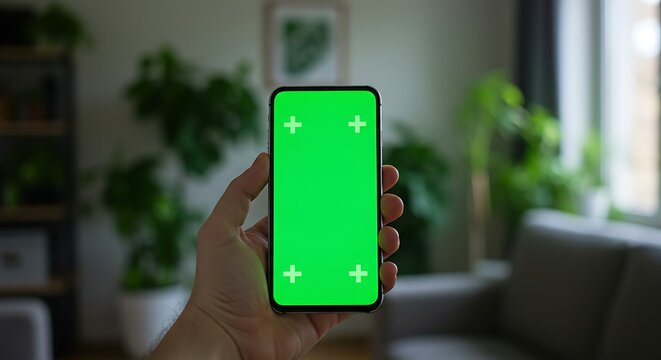 A hand holding a smartphone with a green screen display, indoors, surrounded by plants. - Powered by Adobe