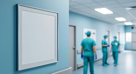 Fototapeta premium Blank empty white picture frame mockup in a hospital corridor, with blurred room background