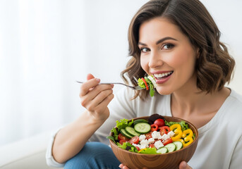 Smiling woman enjoys a fresh, colorful salad with vegetables and cheese in a wooden bowl.