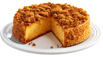 Delicious crumb cake on a white plate with a slice removed