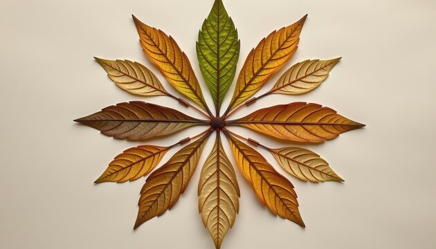 leaf skeletons arranged in radial symmetry on handmade paper for nature inspired art therapy concept