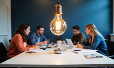 People working together in a meeting room around a table with an illuminated vintage light bulb overhead