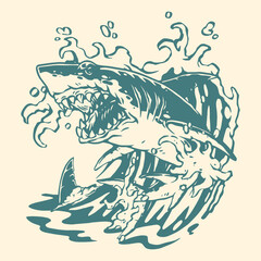 Shark emerging from waves with fierce expression