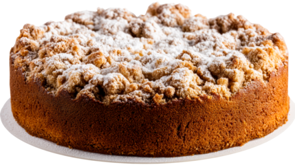 Delicious crumb cake with powdered sugar topping on a white plate