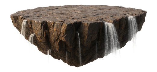 Elliptical island with jagged rock edges and cascading waterfalls.