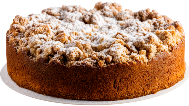 Delicious crumb cake with powdered sugar topping on a white plate