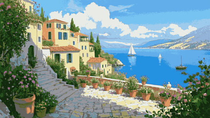 Vivid Tide a coastal town scene, featuring vibrant isolated watercolor vector illustration svg