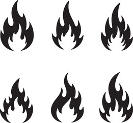 Six Black Flame Illustrations Depicting Fire and Heat with Varying Styles of Curves and Flickering Shapes on a White Background
