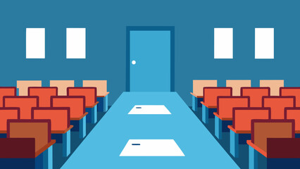 empty exam hall with roll call sheets and id desk