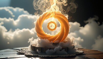 radiant alchemy spiral forming in steam cloud above tea ceremony in quiet spiritual corner