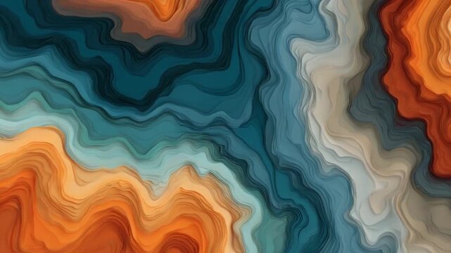 Wavy layers of teal, orange, and gray create an abstract topographical depiction