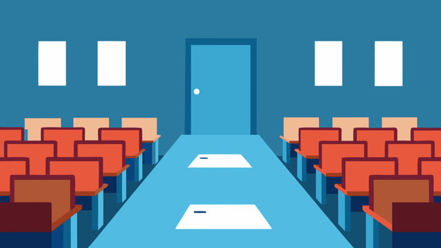 empty exam hall with roll call sheets and id desk