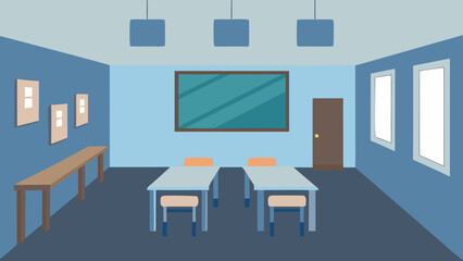 minimalist empty classroom with soft lighting and desks