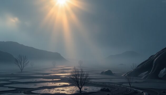 alien print terrain glowing softly beneath translucent fog with liquid metal hues