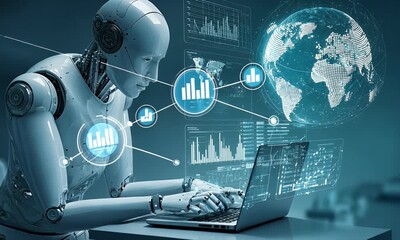 A Humanoid Robot Interacts with a Laptop Displaying Global Data and Charts in a Futuristic Digital Setting. The Robot's Light Gray Metallic Body is - Powered by Adobe