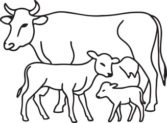 A Serene Illustration of a Cow with Two Calves in a Minimalist Black and White Style Drawing