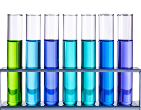 Angled View of Test Tubes with Fluorescent Liquids and Soft Light Refractions, Transparent Background.