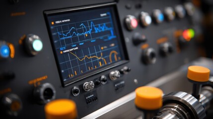 Control panel displaying live data metrics from a piezomagnetic robot, featuring graphs that track tension and stability for precise operation in a high tech environment