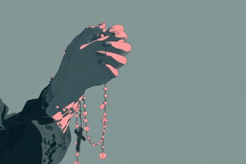 A close-up of a person's hand holding a rosary in silence, with a flat art style.