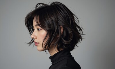 Elegant young Asian woman with stylish dark wavy bob haircut side profile