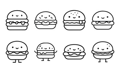 Fast Food Vector Icon Set of Burger, Pizza, French Fries, Hot Dog, Soda, Donut, Ice Cream, Flat Color Illustration for Restaurant Menu, Cafe, Sticker, Social Media, on White Background
