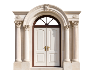 Wide Shot of Classic Residential Door with Architectural Embellishments and Expansive Blue Sky Background, Transparent Background