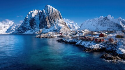 Stunning aerial view of a picturesque coastal village, surrounded by snow-capped mountains and tranquil blue waters