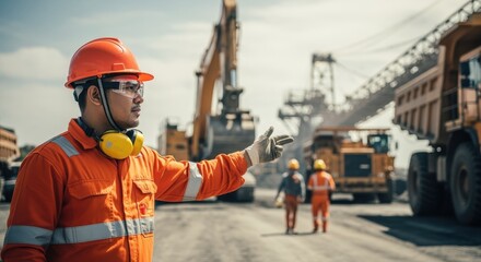 Safetyconscious engineer in bright suit coordinating largescale mining project.