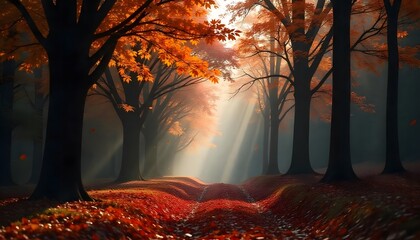 Brightly colored autumn leaves falling from the trees. Dramatic lighting. Realistic nature stock photo.