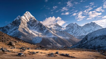 Fototapeta premium Majestic snow-capped mountain range against a bright blue sky with scattered clouds