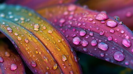 close up of dew drops on bright colorful leaves natural fresh morning