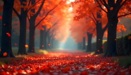 Brightly colored autumn leaves falling from the trees. Dramatic lighting. Realistic nature stock photo.