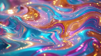 Fototapeta premium Vibrant abstract fluid art background with iridescent swirls of pink, blue, gold, and purple colours. Colourful liquid texture for modern digital or print design.