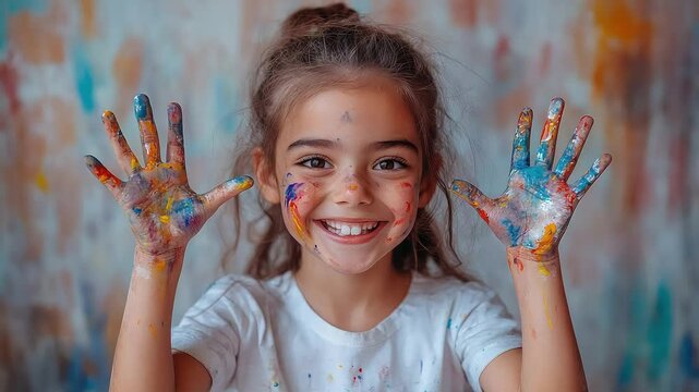 Smiling girl proudly displays her colorful painted hands against an abstract vibrant background showing joy and creativity