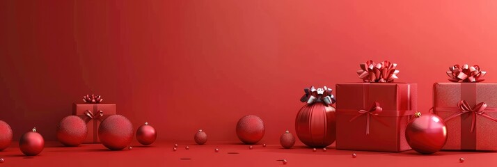 Happy New Year 2026 Red background, red gift boxes and spheres on the right side of the screen.