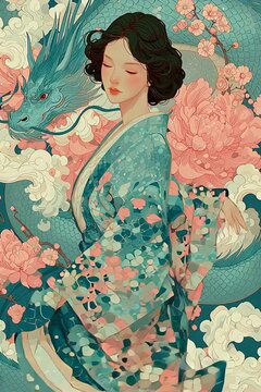 Elegant Geisha and Dragon in Flowing Floral Fantasy