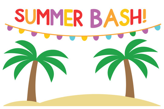 Cartoon Summer Bash with Palm Trees, Festive Garland, Beach Illustration, Party Invitation
