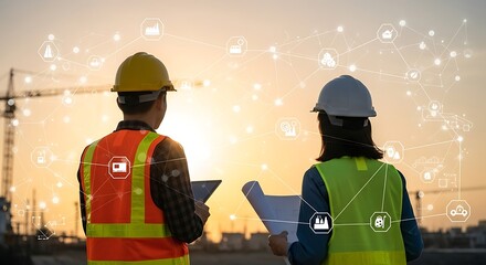 Engineers review project plans with digital network overlay