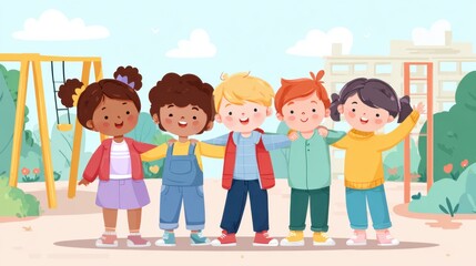 Children playing together happily including autistic child, joyful scene in school playground, simple and bright style