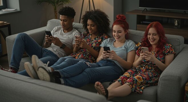 Diverse friends relaxing on couch with smartphones - Powered by Adobe