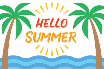 Hello Summer Text with Palm Trees and Waves, Bright Summer Holiday Vacation Illustration
