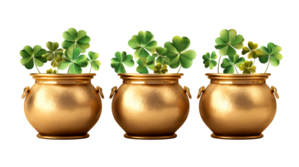 Golden pots filled with clovers against transparent background