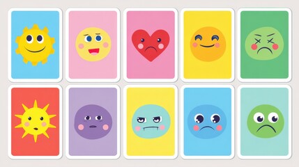 Set of colorful flashcards showing basic emotions with faces and labels, child friendly design for school learning