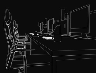 A black and white contour illustration of an office desk setup with multiple monitors, a keyboard, and a coffee cup. Chairs and additional furniture are visible in the background.