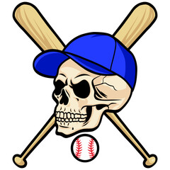 Skull Wearing Baseball Cap Crossed Bat Vector Illustration