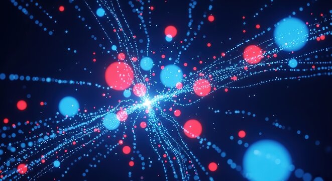 Abstract digital network of glowing red and blue spheres connected by streaks of light